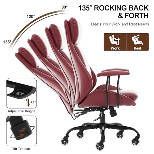 Leather Executive Office Chair, Computer Desk Chair, Red | Ergonomic, Rubber Wheels, Lumbar Support, 360° Swivel, High Back, Adjustable Height, for Modern Home Office - color: Crimson Red