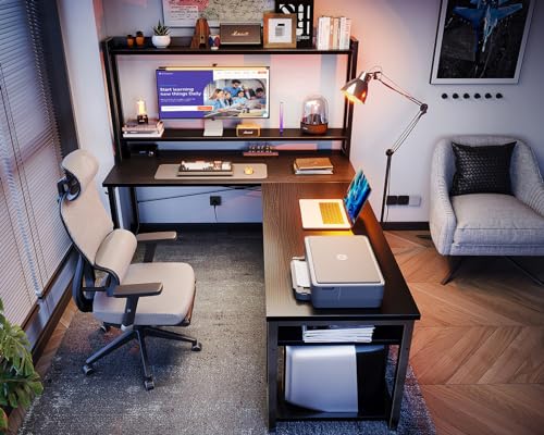 ODK L Shaped Gaming Desk with Hutch, Computer Desk with Storage Shelves, 66" L Shaped Desk for Home Office, Corner Desk with Headphone Hook, Black - size: 66 Inch