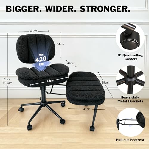 Ergonomic Cross Legged Office Chair with Footrest, 360° Swivel Height Adjustable Faux Shearling Criss Cross Chair, Wide Seat & Back Support for Home Office, ADHD, Black - color: Wool Black