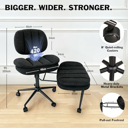 Ergonomic Cross Legged Office Chair with Footrest, 360° Swivel Height Adjustable Faux Shearling Criss Cross Chair, Wide Seat & Back Support for Home Office, ADHD, Black - color: Wool Black
