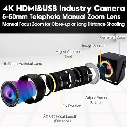 ELP 4K USB HDMI USB Camera Manual Zoom Webcam Variable Focus PC Camera Mini Close-up Camera for Computer H.264 Telescope USB Security Camera 8mp IMX415 Industrial CCTV Camera (5-50mm 10X Zoom Lens) - color: 5-50mm 10X zoom lens