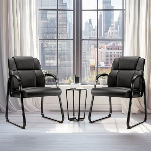 DUMOS Leather Guest Chairs Set of 2,Waiting Room Chair with Sled Base Padded Arm Rest for Meeting Conference Office Home - size: Set of 2