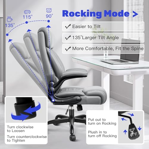 High Back Executive Office Chair - Ergonomic Computer Desk with Rocking Function, Leather Managerial with Adjustable Flip-Up Armrests and Lumbar Support - color: Grey, style: Without Footrest