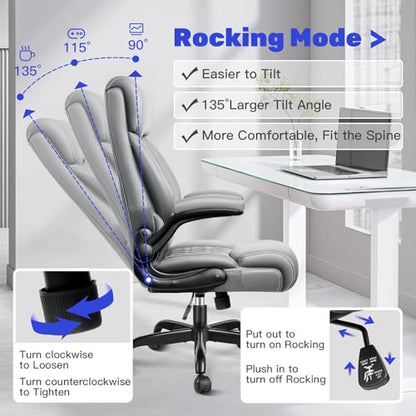 High Back Executive Office Chair - Ergonomic Computer Desk with Rocking Function, Leather Managerial with Adjustable Flip-Up Armrests and Lumbar Support - color: Grey, style: Without Footrest