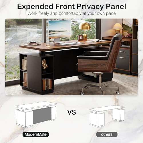 71" Executive Standing Desk with Privacy Panel, Black Walnut | Electric Height Adjustable with One-Piece Desktop, Built-In Power Outlets and Storage, Home Office Executive Workstation
