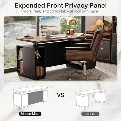 71" Executive Standing Desk with Privacy Panel, Black Walnut | Electric Height Adjustable with One-Piece Desktop, Built-In Power Outlets and Storage, Home Office Executive Workstation