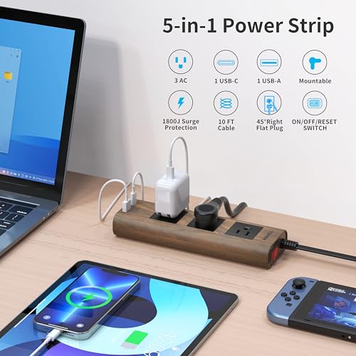 TOPREK Power Strip Surge Protector (1800J), 10 FT Flat Extension Cord with Ultra Thin Flat Plug, 3 Widely-Spaced Outlets with 1 USB-C & 1 USB-A, Wood Finish USB Charging Station for Home, Office, Dorm