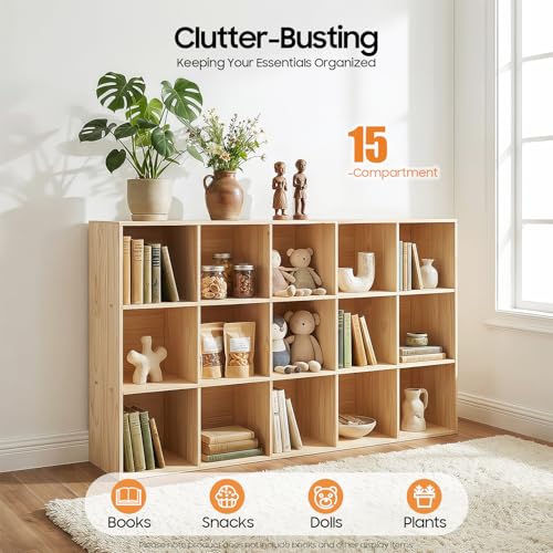 15 Cube Storage Organizer - Solid Wood Bookshelf - Cube Shelf - Vertical or Horizontal Bookcase - Open Book Shelf - Easy Assembly for Bedroom, Living Room, Office - size: 15-Cube