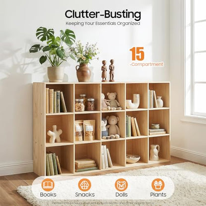15 Cube Storage Organizer - Solid Wood Bookshelf - Cube Shelf - Vertical or Horizontal Bookcase - Open Book Shelf - Easy Assembly for Bedroom, Living Room, Office - size: 15-Cube