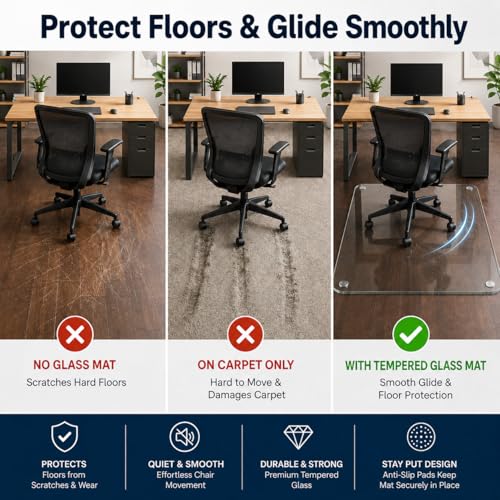 46 x 55 Inch Glass Chair Mat, 1/5 Inch Thick Tempered Glass Office Chair Mat for Carpet and Hardwood Floors, Heavy Duty Clear Floor Protector with Polished Edges and 8 Non-Slip Pads - size: 55" x 46"