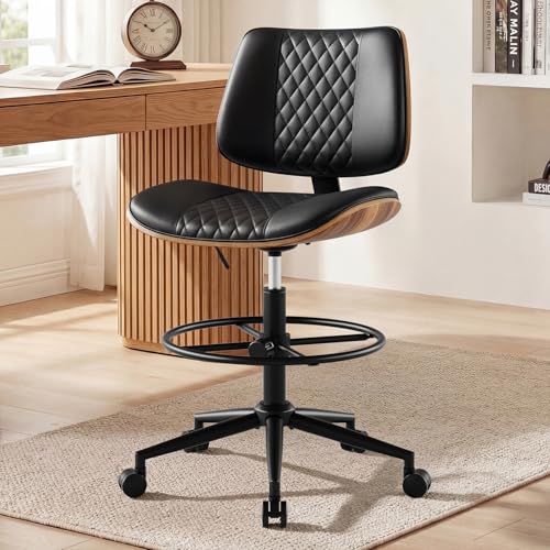 Drafting Chair with Adjustable Footrest, Rolling Walnut Stool, Black - color: Black