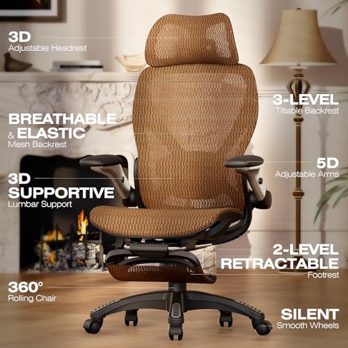 ELABEST X100 Ergonomic Mesh Office Chair with Footrest, Big and Tall Home Desk Chair with 5D Flip-Up Arms, Adjustable 3D Lumbar Support, Gaming & Executive Computer Chair (Tangerine Burst) - color: Tangerine Burst