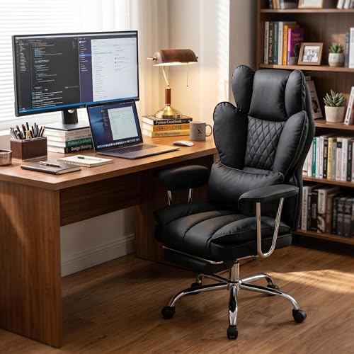 Big and Tall Office Chair with Pocket Spring Cushion, High Back Ergonomic Desk Chair for Home Office, Thick Padded Seat, Adjustable Armrests & Lumbar Support, with Footrest, PU Leather, Black - color: Black