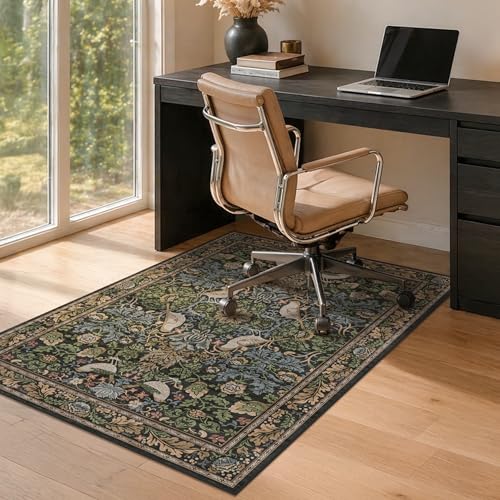 Brown & Green Botanical Office Chair Mat for Hardwood Floors, 36" x 48" Decorative Desk Chair Rug, Vintage Low Pile Washable Carpet for Home Office, Non Slip Backing, Floor Protector for Rolling Chair - color: Bird - Dark Green / Brown, size: 3' x 4'