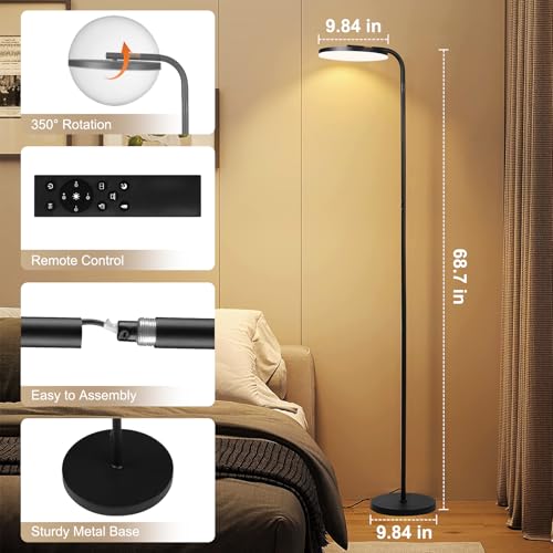 LED Floor Lamp – 36W Super Bright Standing Lamp with Remote & Touch Control, 350° Adjustable Head, Stepless Dimming & Color Temperature (3000K–6000K), Eye-Caring Light for Living Room, Bedroom, Office