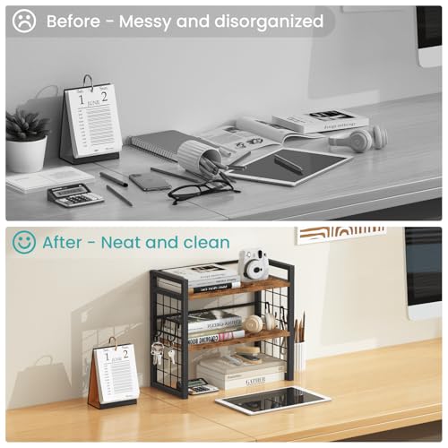 ELITEROO Desktop Shelf Organizer, 2 Tier Wood Desk Bookshelf, Rustic Brown - color: Rustic Brown