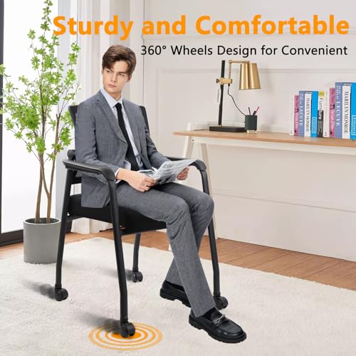 KLASIKA Waiting Room Office Reception Stackable Chairs with Wheels Ergonomic Mesh Back Home Desk Chair with Thick Cushion and Arm for Guest Conference Meeting Lobby Church Medical (1 PK) - color: Black, size: 1 PK