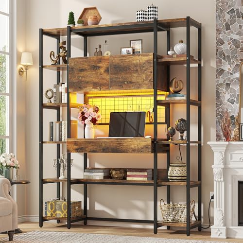 Triple Width 5 Tier Bookcase with Storage Cabinet,70.87" Modern Tall Bookshelf with 12 Open Display Shelves, Storage Cabinet, LED Lighting and Power Outlet. Suitable for Office Bedroom.Brown - color: Brown