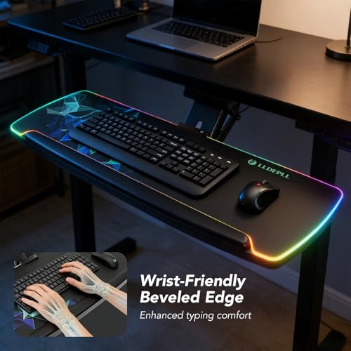 Keyboard Tray Under Desk with Storage Drawer, Height Adjustable Keyboard Tray Slide Out 360° Swivel Tilt, Ergonomic Under Desk Mount Keyboard & Mouse Pad Lighting for Gaming Home Office - size: 28” Length with lighting