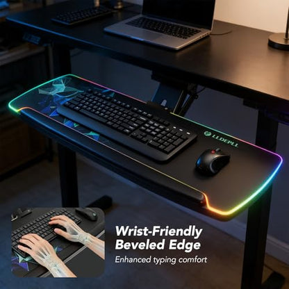 Keyboard Tray Under Desk with Storage Drawer, Height Adjustable Keyboard Tray Slide Out 360° Swivel Tilt, Ergonomic Under Desk Mount Keyboard & Mouse Pad Lighting for Gaming Home Office - size: 28” Length with lighting
