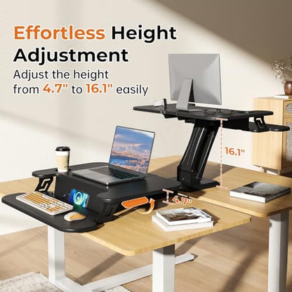 28" Standing Desk Converter, Height Adjustable Clamp Desktop Riser with Keyboard Tray, Sit Stand Monitor Riser Workstation for Home Office, Magnets Inclued, Black