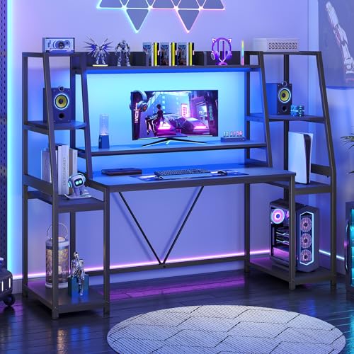 SEDETA 65.7'' Gaming Desk with LED Lights, Hutch and Storage Shelves, Black - color: Black, size: 65.7 inches