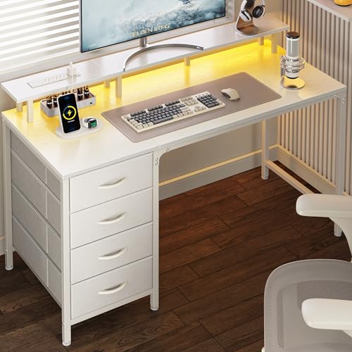 Huuger 47 Inch Computer Desk with Power Outlets and LED Lights, Gaming Desk with 4 Drawers, Office Desk with Monitor Stand, Study Work Home Office, Small Spaces, White - color: White, size: 47 INCH