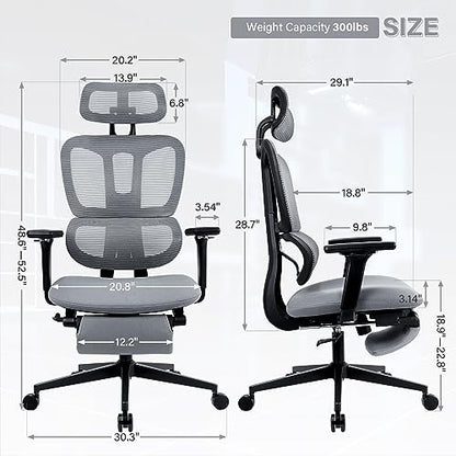 Ergonomic Mesh Office Chair with Retractable Footrest - High Back Computer Chair, Lumbar Support, Adjustable Armrest and Headrest, Durable Base - Multifunctional Home Office Desk Chair for Adults - color: Dark Grey