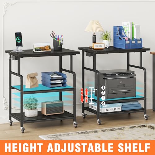 YAOHUOO 3 Tier Large Printer Stand with Power Outlet/Adjustable Shelf - color: Black, size: 23.6"×19.6"