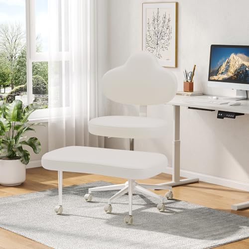 Cross Legged Office Chair with Wheels for ADHD, Ergonomic 360° Swivel Height-Adjustable Meditation Chair for Yoga, Kneeling Chair with 4 inch seat Cushion and Lumbar Support, PU Leather, Off White - color: Off White-pu-mountain