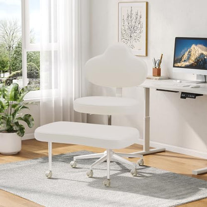 Cross Legged Office Chair with Wheels for ADHD, Ergonomic 360° Swivel Height-Adjustable Meditation Chair for Yoga, Kneeling Chair with 4 inch seat Cushion and Lumbar Support, PU Leather, Off White - color: Off White-pu-mountain