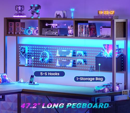 SEDETA L Shaped Gaming Desk with LED Lights and Pegboard for Home Office | Reversible 94.5" Computer Desk with Power Outlet, Keyboard Tray, Storage Shelves and Headphone Hook, Walnut Brown - color: Walnut With Power Outlet and Pegboard