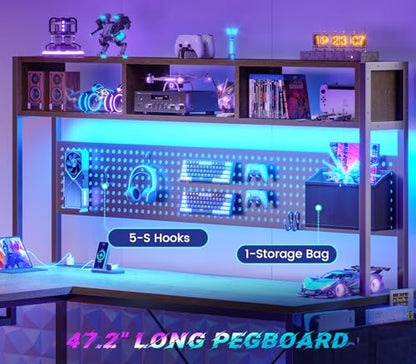 SEDETA L Shaped Gaming Desk with LED Lights and Pegboard for Home Office | Reversible 94.5" Computer Desk with Power Outlet, Keyboard Tray, Storage Shelves and Headphone Hook, Walnut Brown - color: Walnut With Power Outlet and Pegboard