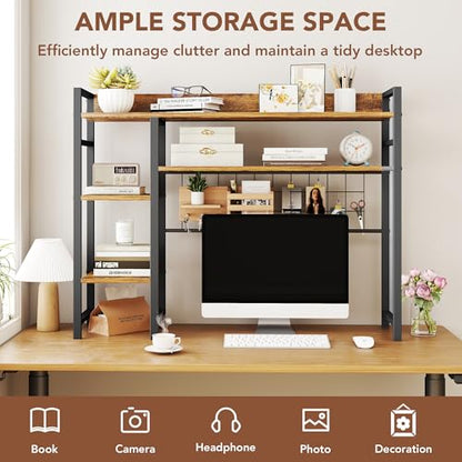 WAYTRIM Desk Shelf, Wood Desk Organizer Shelf 4 Tier Countertop Desktop Bookshelf Cubicle Storage Rack Top of Desk, Desk Hutch Dorm for Top of Desk Pegboard Hooks Set Desktop Display Rack (Brown) - style: 4-Tire