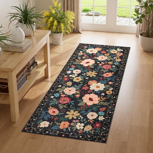 DUKINO 2x5 Runner Rug, Floral Washable Rug for Kitchen Non Slip, Black | Low Pile, Soft, Stain Resistant Indoor Rug Runner for Entryway, Hallway, Bedroom, Bathroom, Laundry, Pet Friendly, Home Decor - color: Black, size: 2' x 5' (Rectangular)