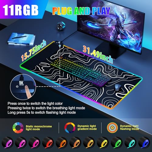Mouse Pad with Phone Holder, Wireless Charging Desk Mat, RGB Gaming Mousepad Home Office Large Desk Pad with Ultra-Smooth Surface, Non-Slip Base, Waterproof Keyboard Pad,Topographic Black - color: 31.5x15.75"Phone Stand-Topographic