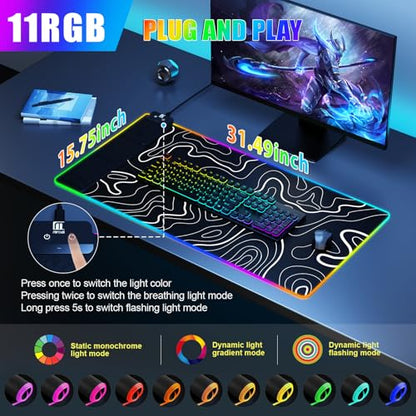 Mouse Pad with Phone Holder, Wireless Charging Desk Mat, RGB Gaming Mousepad Home Office Large Desk Pad with Ultra-Smooth Surface, Non-Slip Base, Waterproof Keyboard Pad,Topographic Black - color: 31.5x15.75"Phone Stand-Topographic