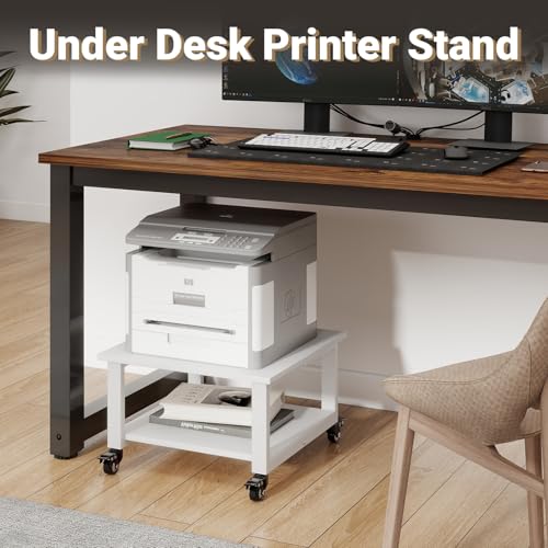 Natwind 2 Tier Laser Printer Stand,20''x20'' Under Desk Printer Cart, White | Large Printer Table Copier Stand with Wheels, Stand for Heavy Printers,Thickened Steel Tube,Supports 200lbs,for Home Office - color: White