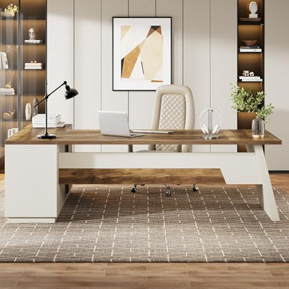 Tribesigns 78" L-Shaped Executive Desk, Large Modern Office Desk with Drawers and Lateral File Cabinet, Business Furniture with Storage Shelves, Big Computer Desk for Home Office (Brown + White) - color: Brown + White