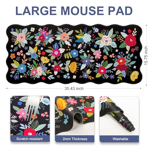 L-SPOUTTO Floral Mouse Pad, Black Scalloped Desk Mat XXL Gaming Mousepad | Botanical Large 35.4x15.7in Non-Slip Rubber Base Keyboard Pad Waterproof Desktop Mat for Laptop Computer Game Home Office - color: Colorful Flowers