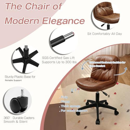 Office Chair, Ergonomic Desk Chair with Padded Cushion & Backrest, Adjustable Height & 360° Swivel, Armless Task Chair for Home Office, Computer Desk & Vanity Brown - color: Brown