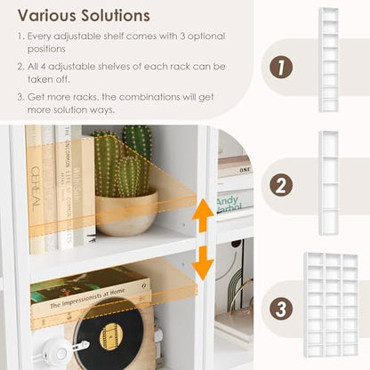 FOTOSOK Bookshelf Bookcase 8-Tier Narrow Bookshelf Tall CD Media Tower Rack | 11.6 X 9.3 X 70.9 White Bookshelf, Tall Narrow Slim Skinny Display Bookcase with Cube Storage and 4 Adjustable Shelves - color: White