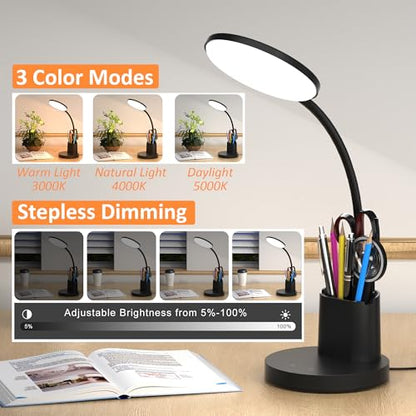 LED Desk Lamp for College Dorm with Pen Phone Holder, Black - color: Black