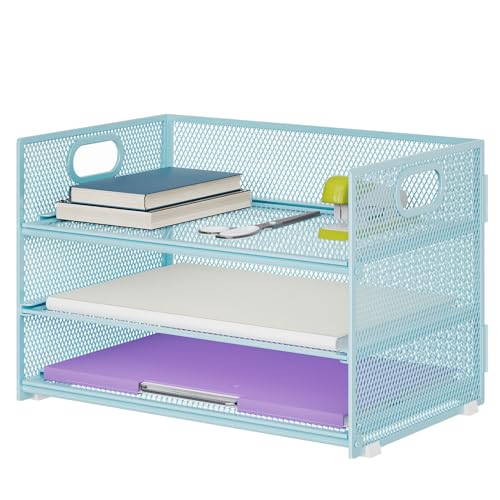 Marbrasse 3 Tier Paper Organizer Letter Tray, Mesh File Organizer with Handle, Paper Sorter Desk Organizer for Home Office Supplies(Blue) - color: Blue