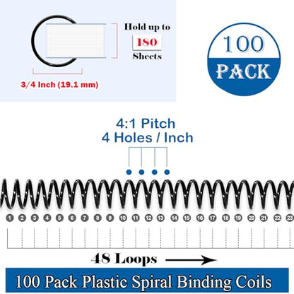 100 Pack Spiral Binding Coils, 4:1 Pitch, 3/4 Inch 170 Sheet Capacity - color: Black, size: 3/4 Inch (180 Sheet Capacity)