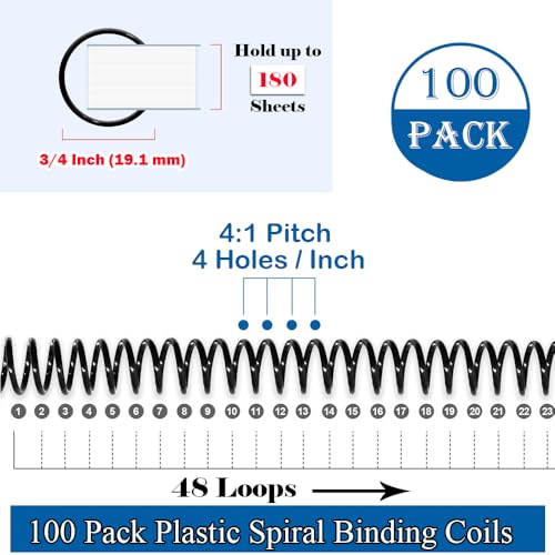 100 Pack Spiral Binding Coils, 4:1 Pitch, 3/4 Inch 170 Sheet Capacity - color: Black, size: 3/4 Inch (180 Sheet Capacity)