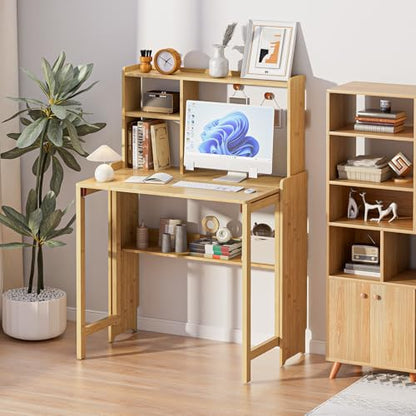 Folding Desk for Small Spaces, Bamboo Foldable Desk with Bookshelf, Natural - color: Natural, size: 47.24"H x 21.65"D x 32.28"W