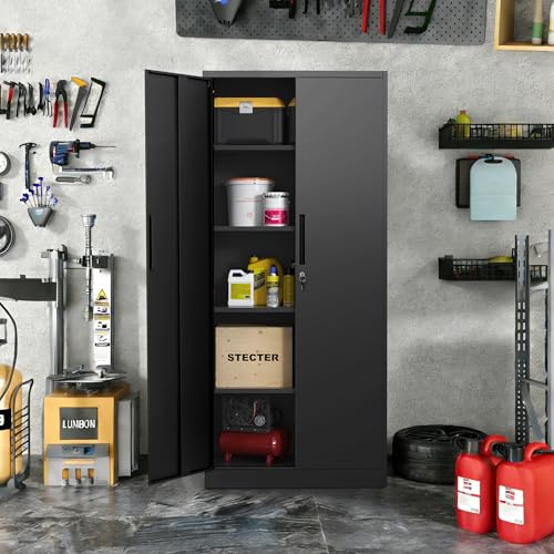71" H Garage Storage Cabinet with 2 Doors and 4 Adjustable Shelves, Metal Storage Cabinet, Tool Storage Cabinet with Lock, Utility Cabinets for Home Office, Garage, Shop, Warehouse - size: 71H*32W*16D