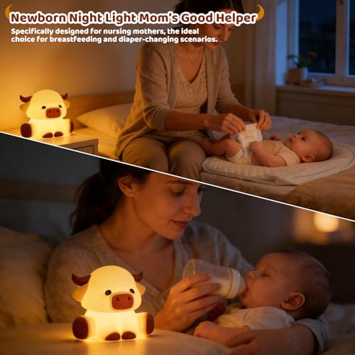 Cute Highland Cow Rechargeable Night Light, LED Touch Silicone Lamp for Bedroom with 7 Colors Timer and Dimmable Squishy Warm Night Lights, Novelty Animal Lamp for Nursery Birthday Gift - color: Cattle
