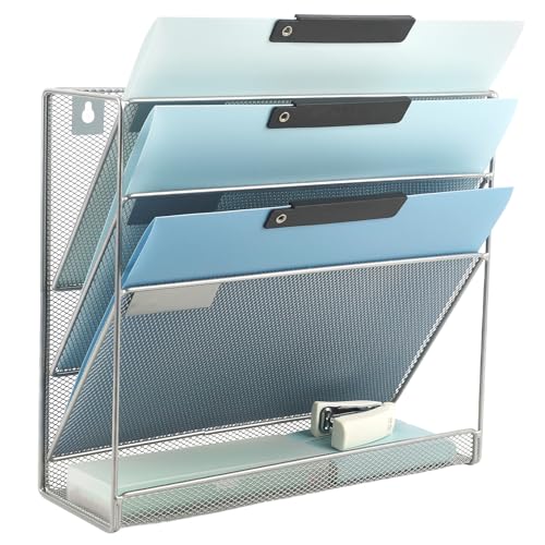 Desk File Organizer Mesh 4-Tier, Hanging Wall Mount Document Organization Stand, Desktop Vertical Mail Paper Folder Holder Rack with Bottom Tray for Office Home Cubicle Countertop, Silver - color: Silver, size: 4 Tier